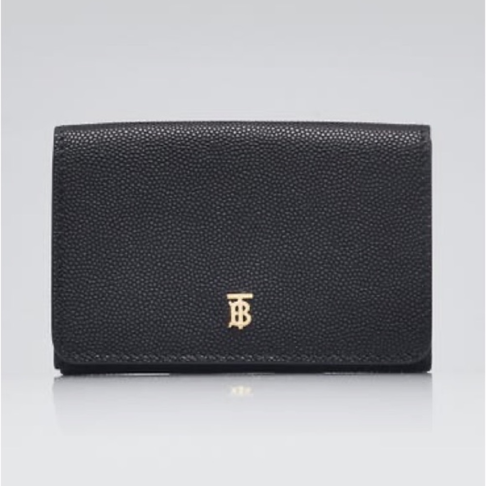 Burberry, BLACK GRAINED LEATHER GOLD TB LOGO COMPACT TRIFOLD WALLET, Pre-owned